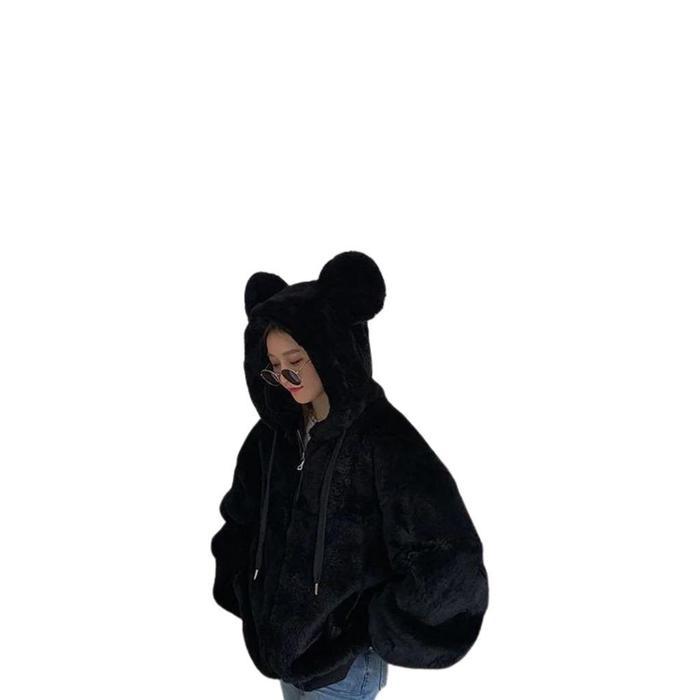 Sweater Hoodie Zipper Cute Sherpa Bulu Domba Wanita Tebal Tali Bulu Nyaman