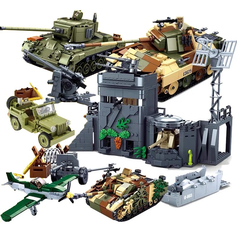 SLuban MOC WW2 Series Normandy Landing P-51 Mustang Fighte Building Blocks Higgins Landing Craft