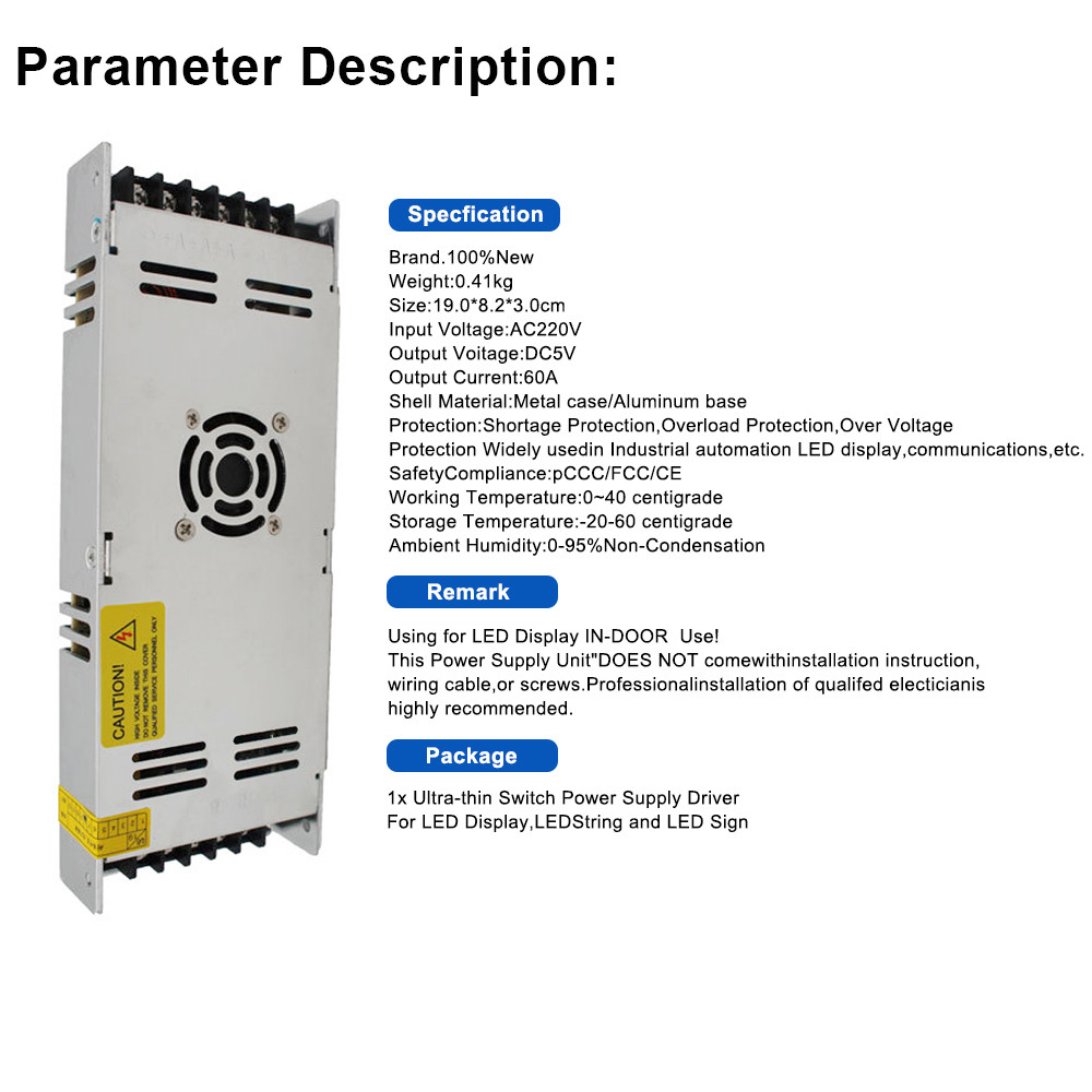DC 5V Power Supply 60A Ultra Thin Led Driver For led strip Power Controller AC To DC Driver for LED