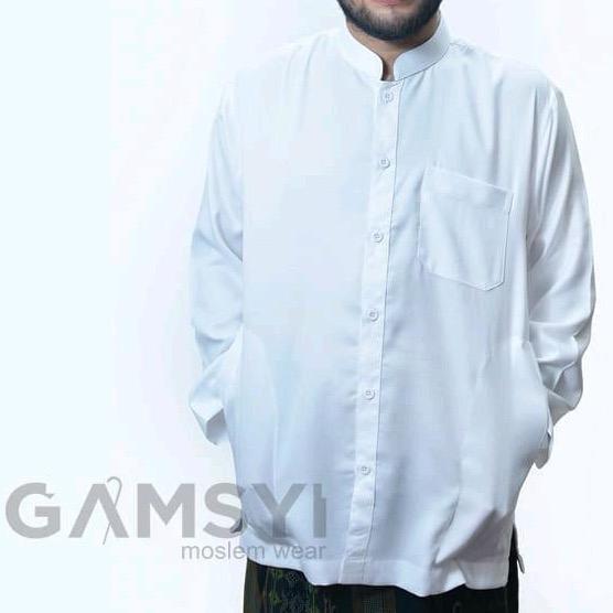 Baju Koko Linen Polos Habaib Kerah Samghai/ Koko Gamsyi Lengan Panjang Putih Muslim Pria Casual