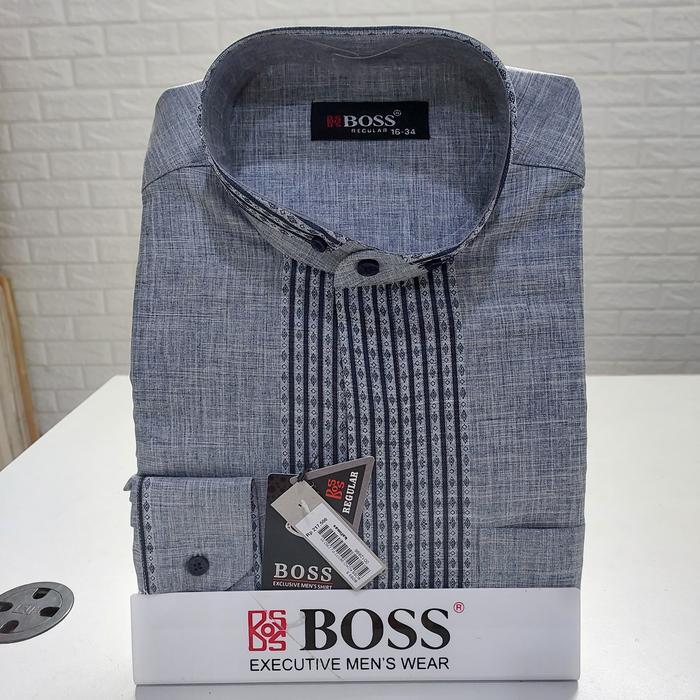 Kemeja Boss Koko Lengan Panjang Regular Salem Abu Biru Katun Mix - Pria Muslim