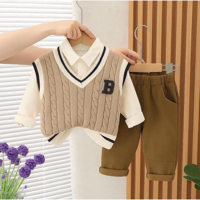 Premium Setelan Anak Laki Laki Keren Setelam Rompi Kemeja Rajut Anak Laki Laki Usia 1-5 Tahun
