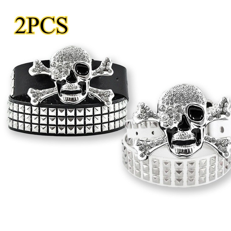 Unisex Punk Style Skull Belt with Pyramid Studs Square Beads Gothic Fashion Accessory for Men and