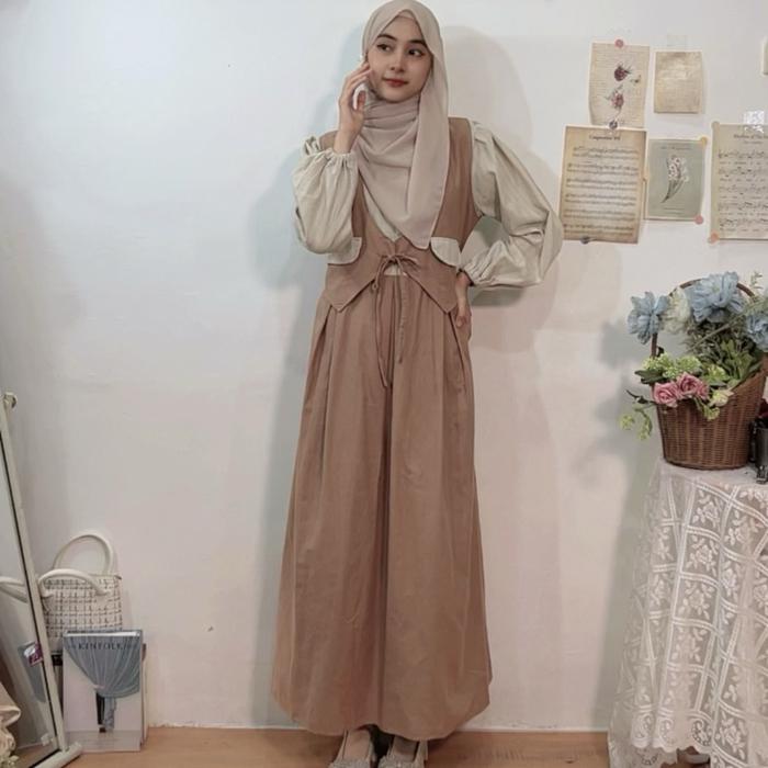 Errie Linen Dress Midi Korean Style Gamis Rompi Remaja By Studhijabstore