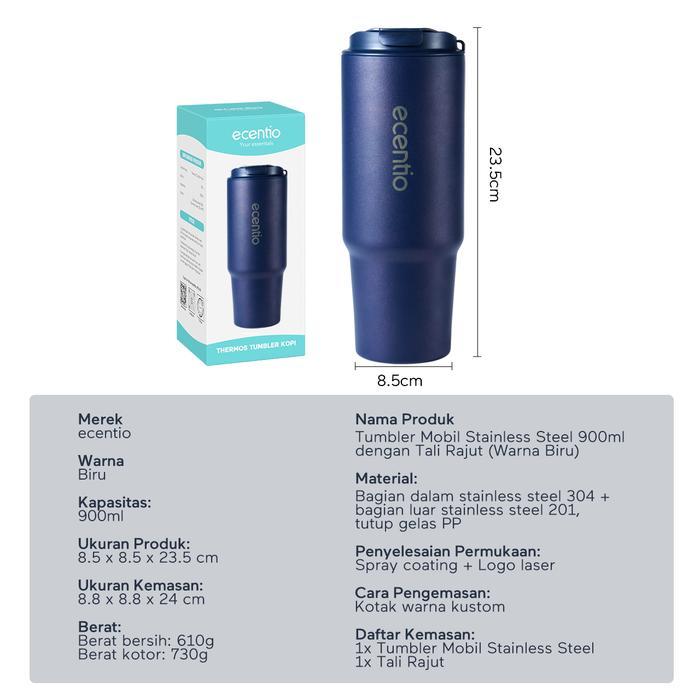 Ecentio Tumbler Stainless Vacuum 900Ml Tali Rajut Portable Thermos Botol Minum Besar Mulut Gelas