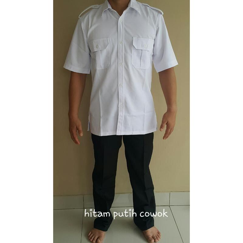 PROMO Baju Setelan Seragam Putih Hitam PDH Pria/Pegawai/Guru/Driver Murah