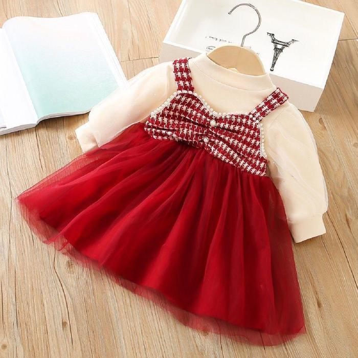 Angenius Dress Gaun Rok Lengan Panjang Anak Perempuan Katun Wool Polos Kotak Serut Kancing 2in1 Tile