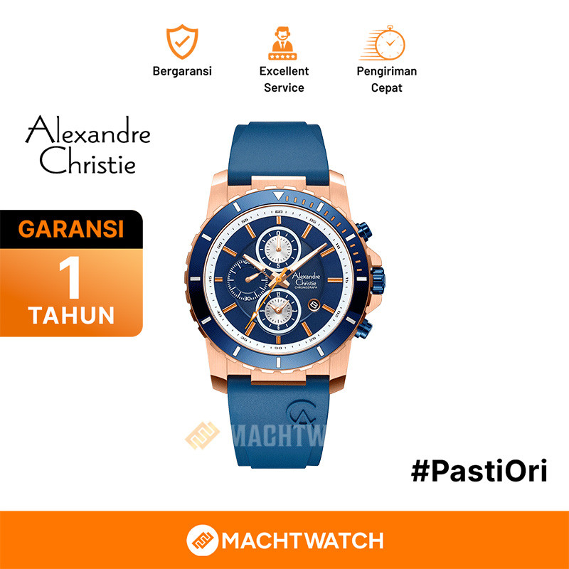 Jam Tangan Pria Alexandre Christie Chronograph AC 6141 MC RURBU Men Blue Dial Blue Rubber Strap