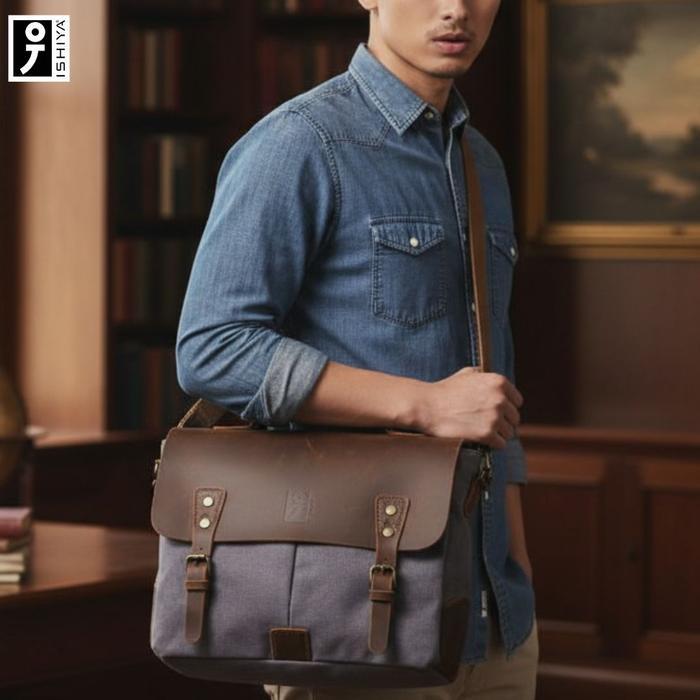 New Ishiya Birmingham Tas Kerja Pria Kulit T4 Laptop 14 Inch High Quality Hitam Kanvas Original 2