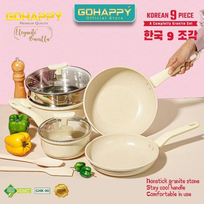 Panci Gohappy Korea Anti Lengket Ghk-90 Panci Set Granite Isi 9 Pcs Casserole Fry Pan Wok Pan Milk