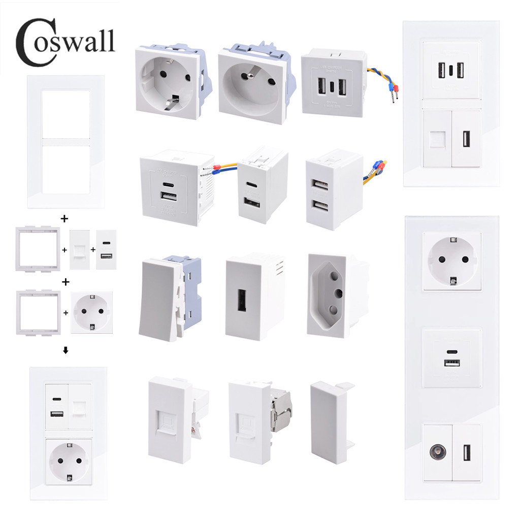 Coswall Vertical Glass Panel Wall EU French Socket + TV CAT6 Internet Jack, HDMI-compatible 2.0 &