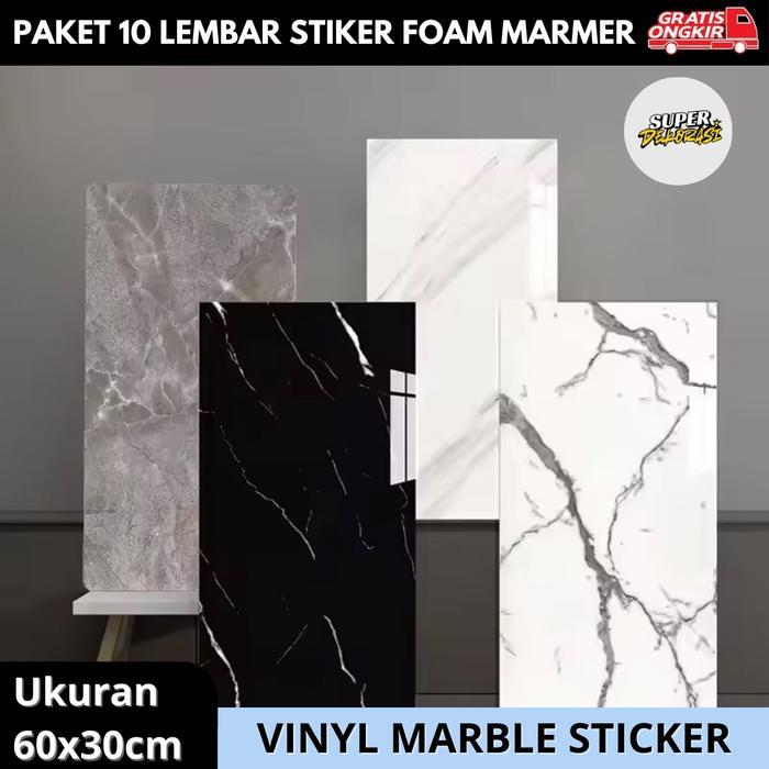Paket 10 Lembar Wallpaper Stiker Dinding Vinyl Foam Sooku Marmer Hitam 30 x 60 cm 0,3cm Bahan PVC -