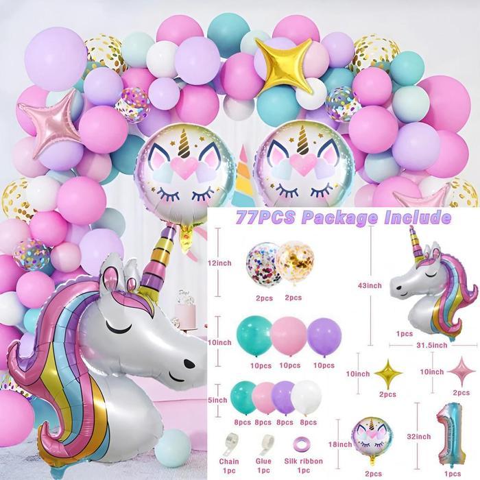 Moondo Set Balon Pelangi Unicorn Dekorasi Ulang Tahun Anak Perempuan Baby Shower Merah Muda Ungu