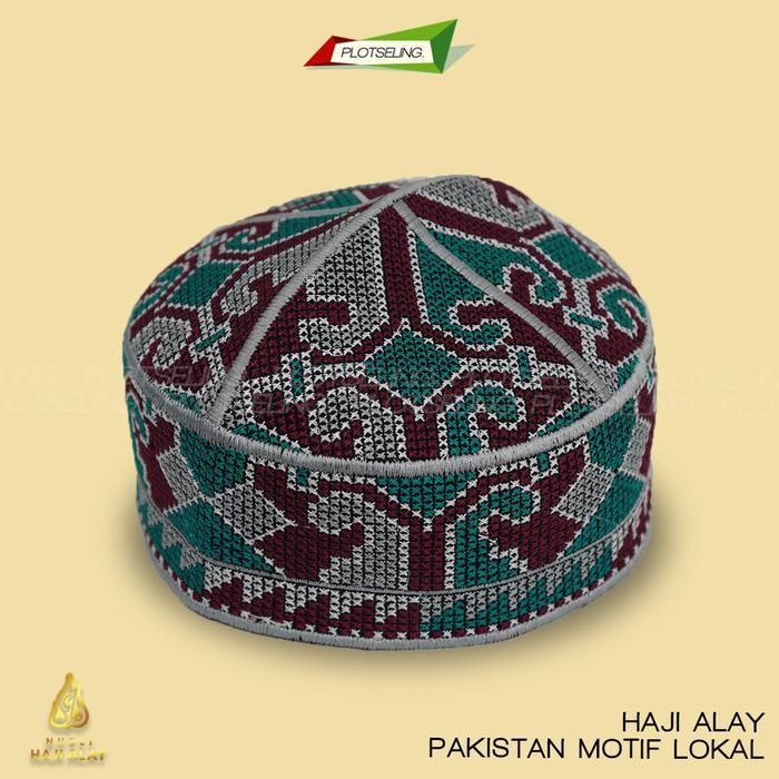 Peci Kopiah Rajut Pakistan Lokal Abu Biru Cokelat Hitam Hijau Merah Dan Putih Motif Full Bordir