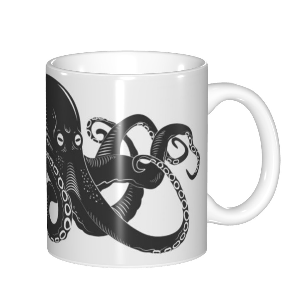 Mug Boho Hitam dan Putih Mug Kopi dan Teh Lucu Gurita Mug Kopi Keramik untuk Wanita dan Pria