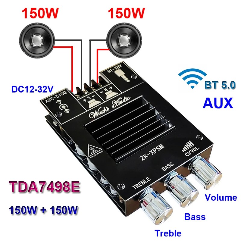 150W + 150W TDA7498E Audio Power Amplifier Equalizer BT 5.0 Stereo Subwoofer HiFi Class D Digital
