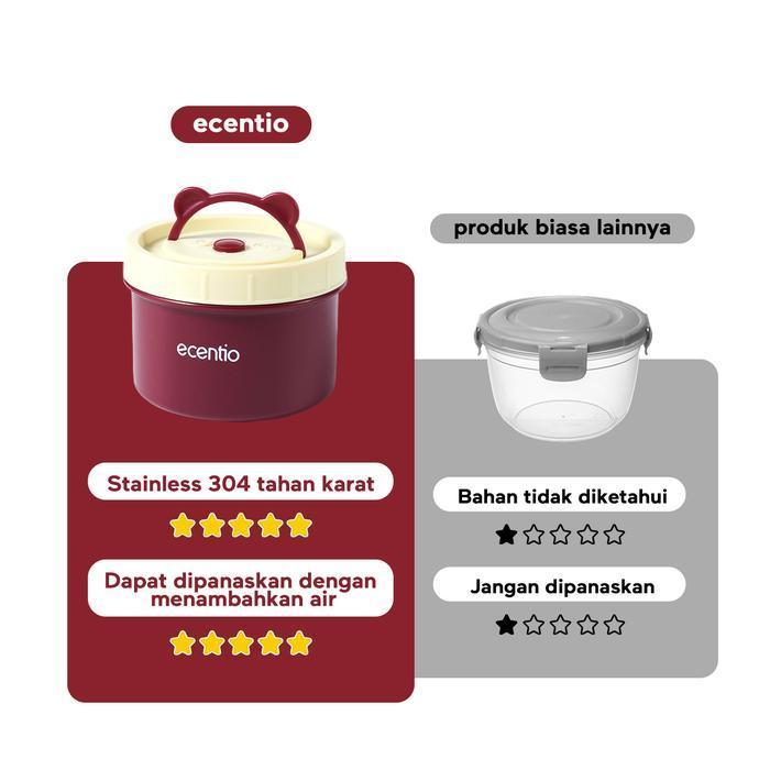 Ecentio Lunch Box Set / Kotak Tempat Makan 3 Pcs Stainless Steel 304 + Lunch Bag Tas Bekal - Merah
