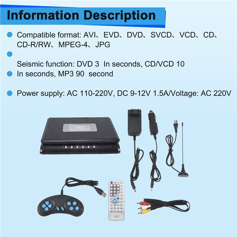 LC-Portable 7.8 Inch TV Home Car DVD Player HD VCD CD MP3 HD EVD Player With TV/FM/USB/Game
