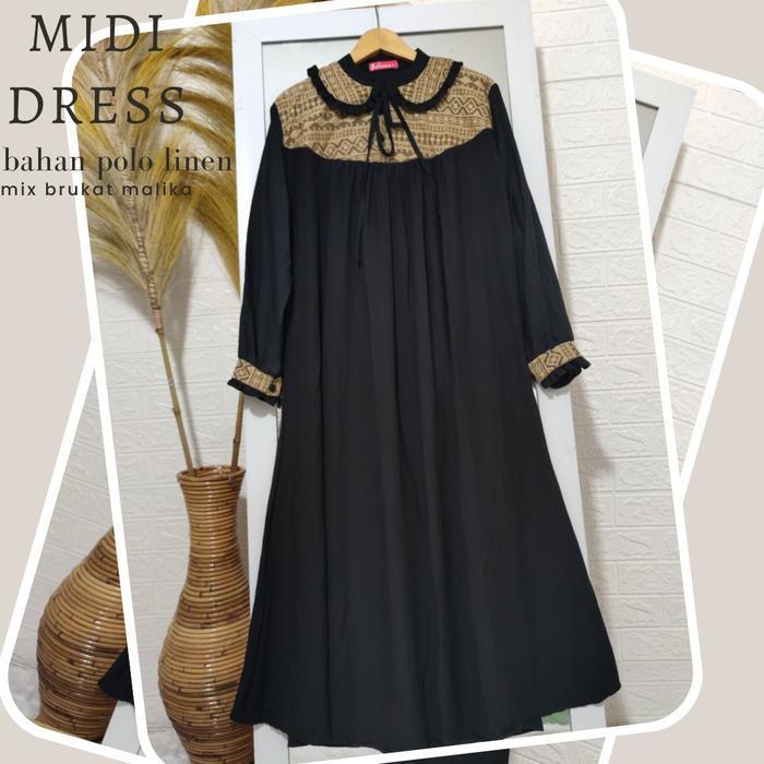 Terlaris Fashion Wanita Midi Dress Muslim Terbaru Bahan Polo Linen Premium Maxi Brokat Malika Simpel
