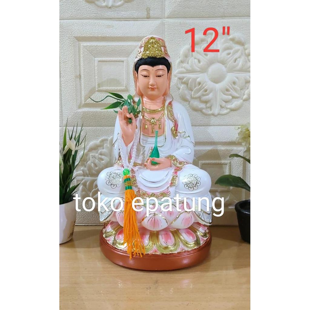 patung dewi kwan im / guan yin / kwan in putih 12 inch - fiber
