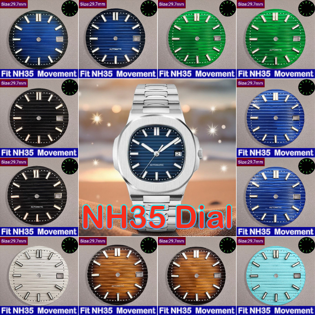 29.7mm Nautilus Dial NH35 Dial Watch Green Luminous Dial Mens Watch Fits NH35 Movement Watch
