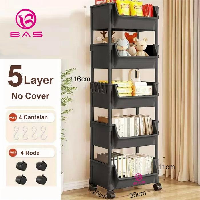 BAS rak dorong serbaguna rak buku multifunsi rak dapur plastik rak susun dengan 4 roda