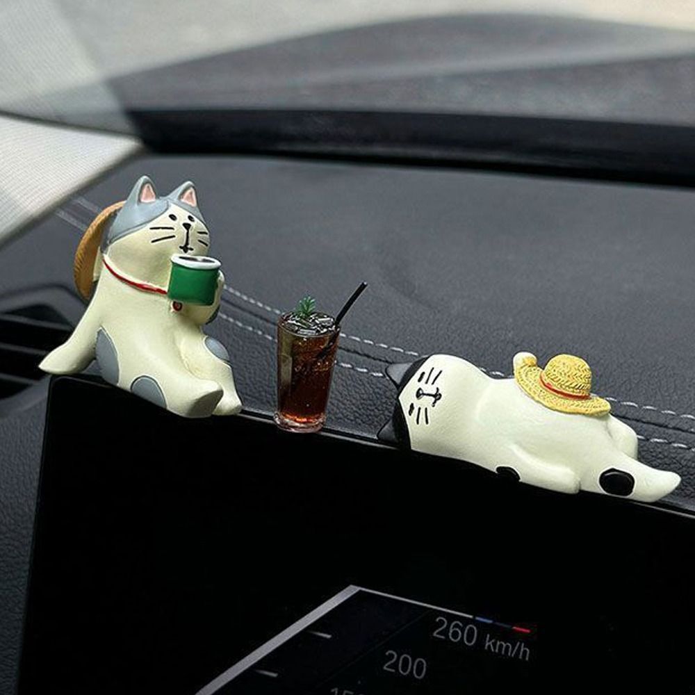 New Cute Cartoon Cat Car Interior Decoration Mini Cat and Coffee Action Figure Auto Dashboard