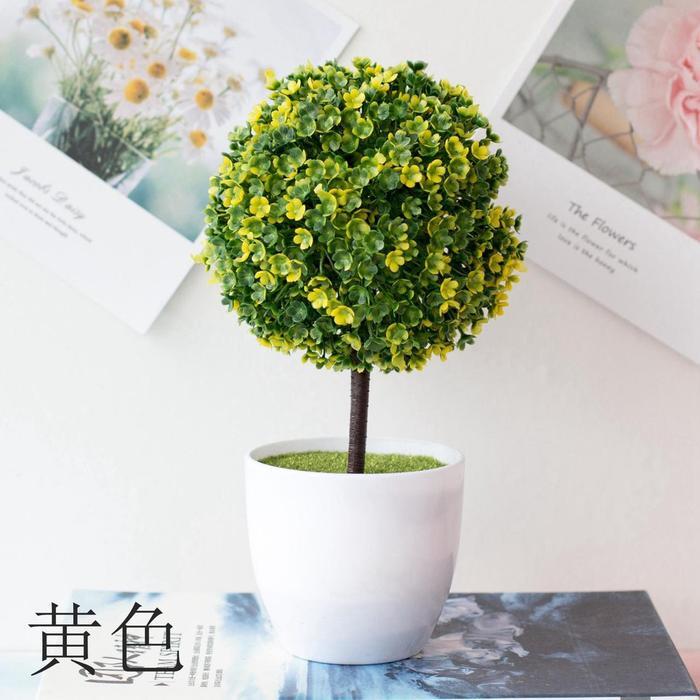 Bunga plastik Hias Bonsai Bulat Pajangan bunga Tanaman Artifisial Sudah Termasuk Pot