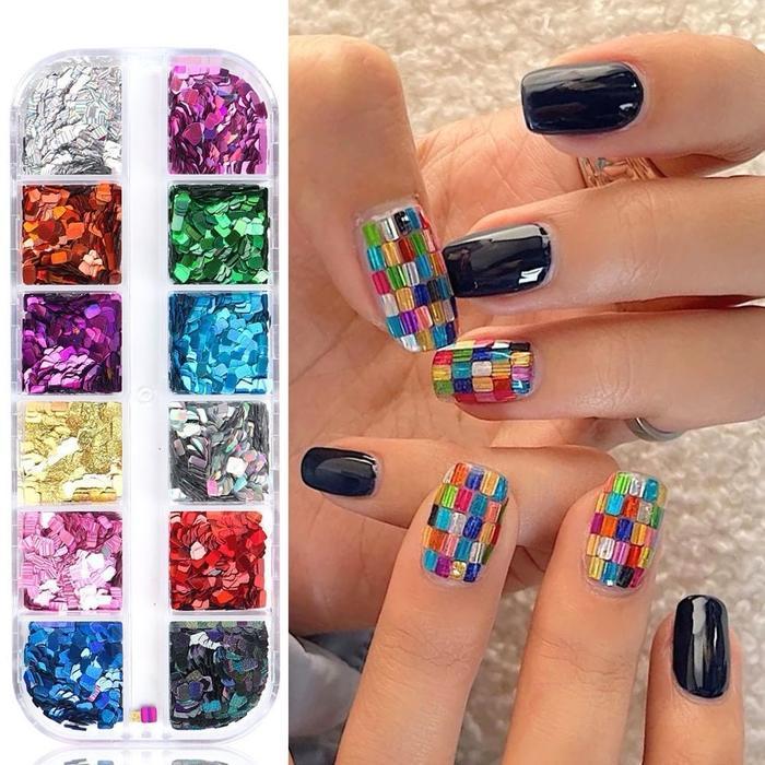 Set Isi 12 Laser Payet Nail Art Persegi Panjang - Hiasan Kuku Kotak Persegi Panjang - Rhinestone