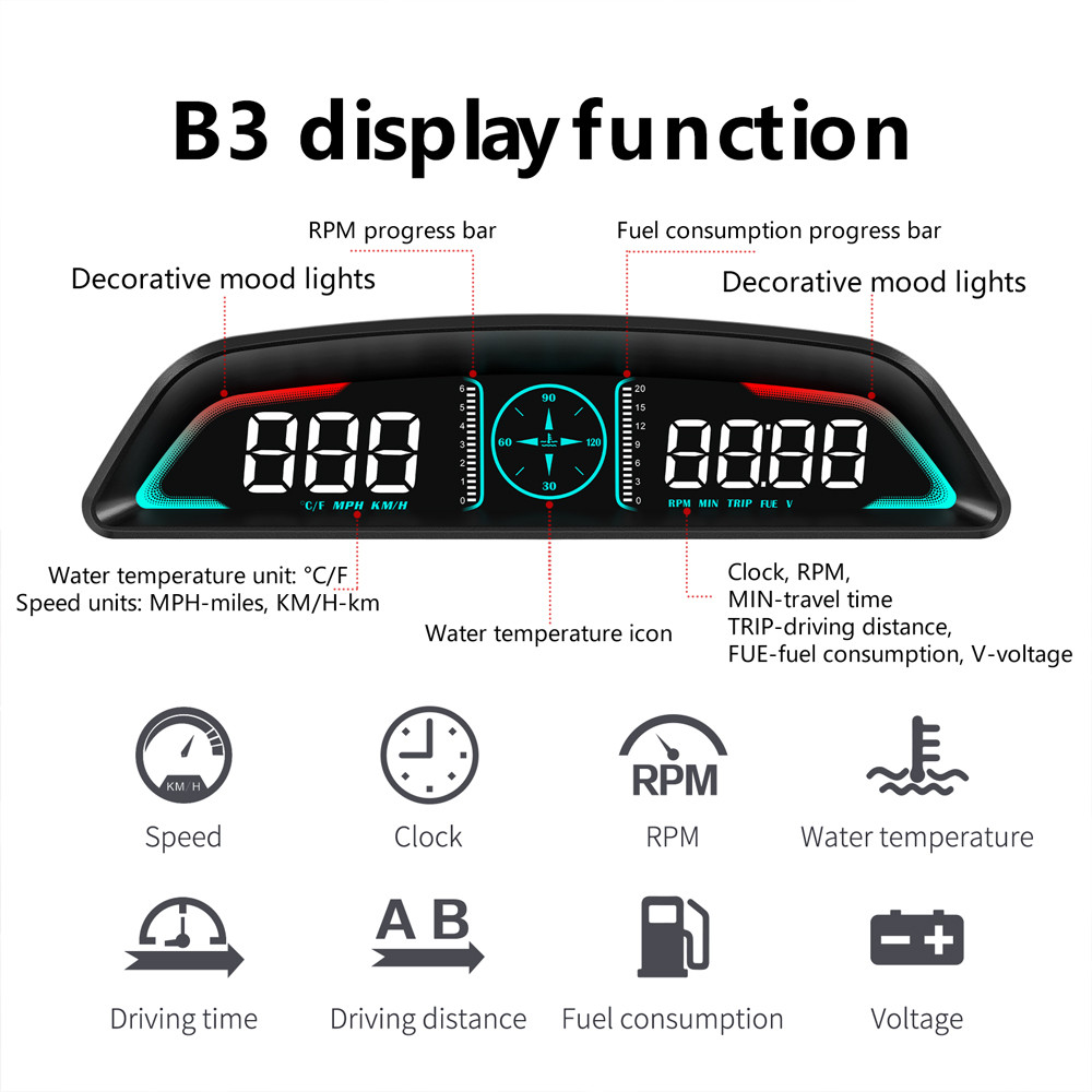 Smart Digital Meter Hud B3 Obd2 Display Multifunction Speedometer Tachometer Rpm Water Temp Volt