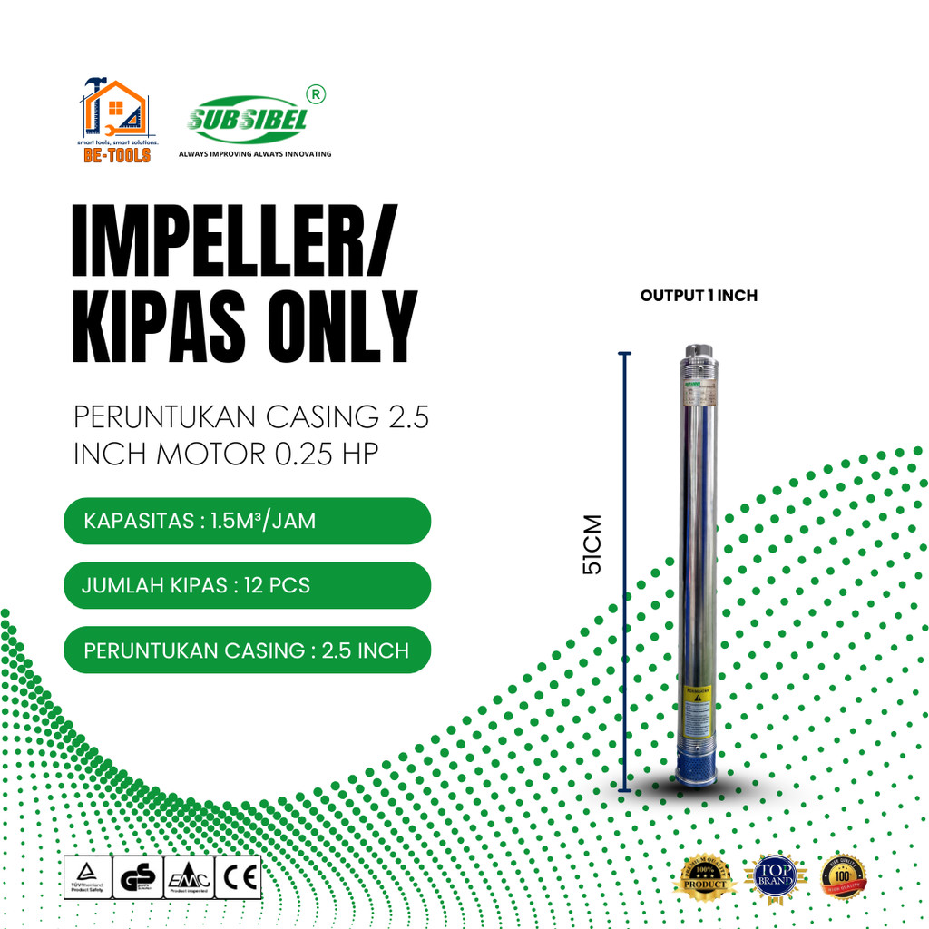 Kipas / Impeller Pompa Air Submersible 2.5 Inch 1.5/12 0.25HP  | Output 1 Inch | 1.5M³/Jam