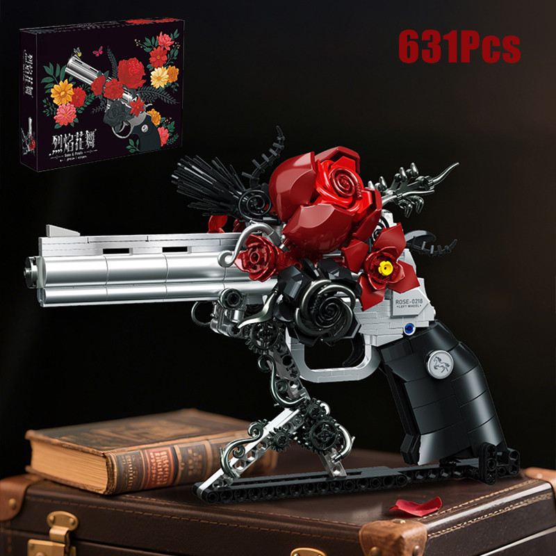 Technical Mechnical Rose Revolver Pistol Gun Building Blocks Military Red Flower Petal Gun MOC