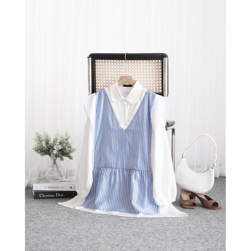 Bigissimo - Izzy Blouse Set Vest Atasan Wanita Tunik Blouse Inner dan Vest Salur Big Size Jumbo