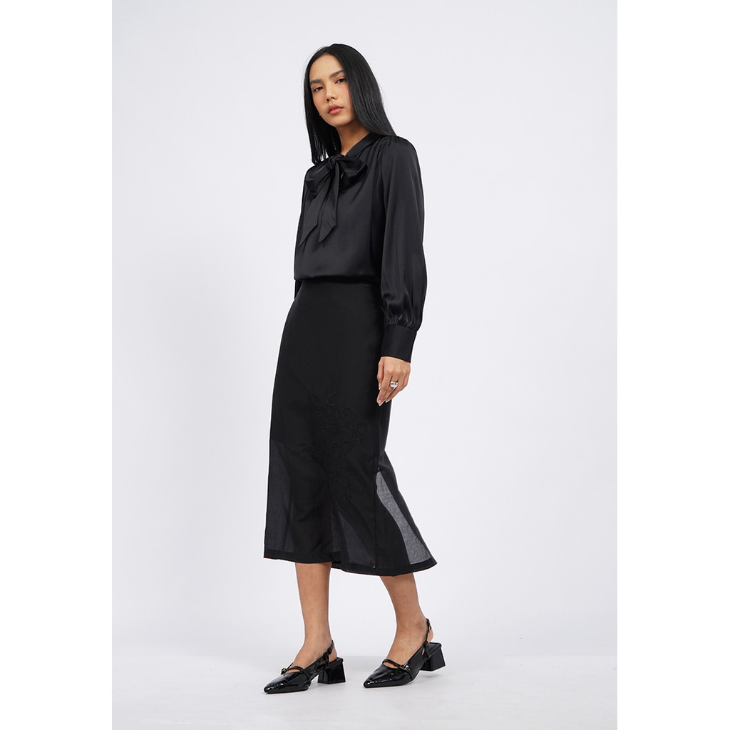 Executive Embroidered Sheer Midi Skirt Black