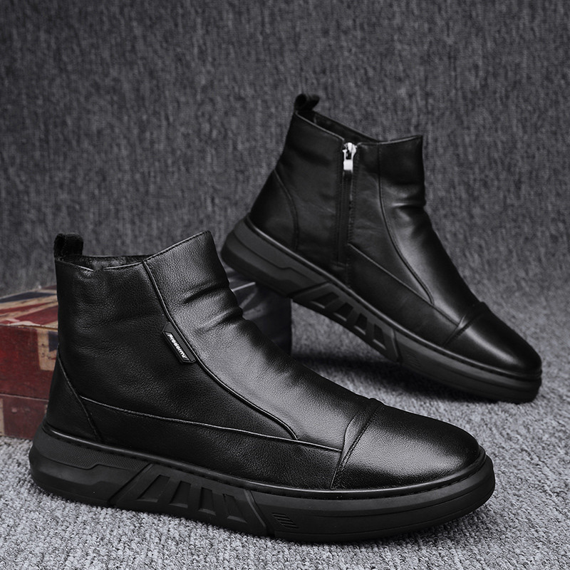Winter Quality High Top Mens Leather Boots Zip Fashion Plush Warm Men Ankle Boots Soft Sole Male