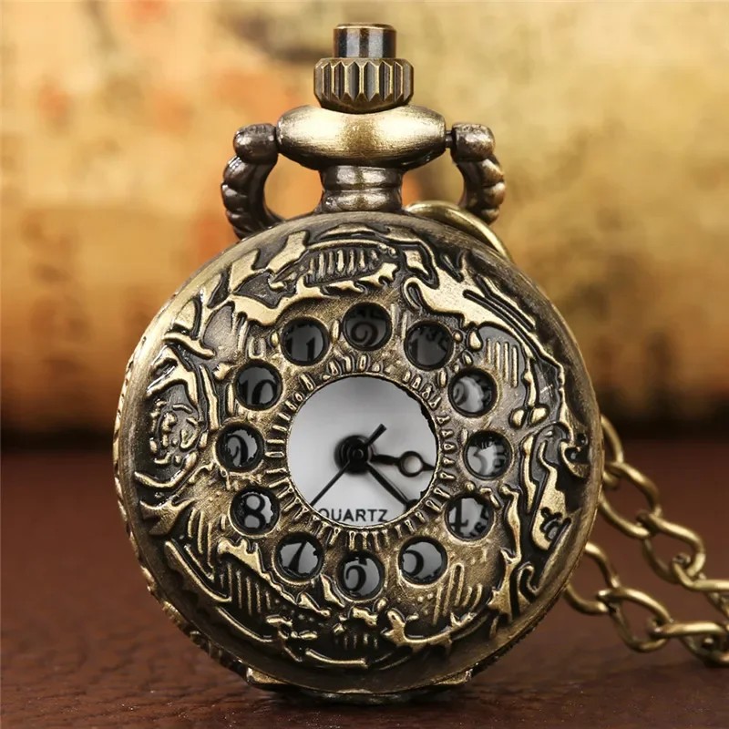 Bronze Hollow Out Case Men Women Quartz Analog Pocket Watch with Sweater Chain Arabic Number Dial
