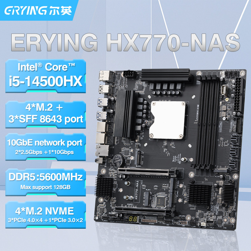 ERYING NAS Motherboard with Onboard CPU 14th Core i5 14500HX Low Power Processor 14C20T DDR5x4