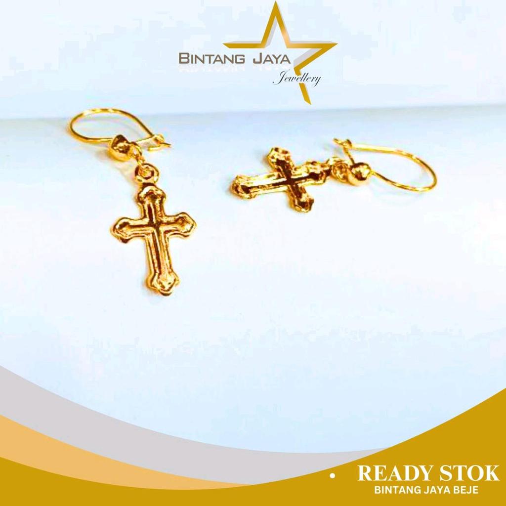 Anting Emas Gantung Salib - Kadar 15K - Berat 0,56gr - Kilau emas 15K yang rapi (TMG)