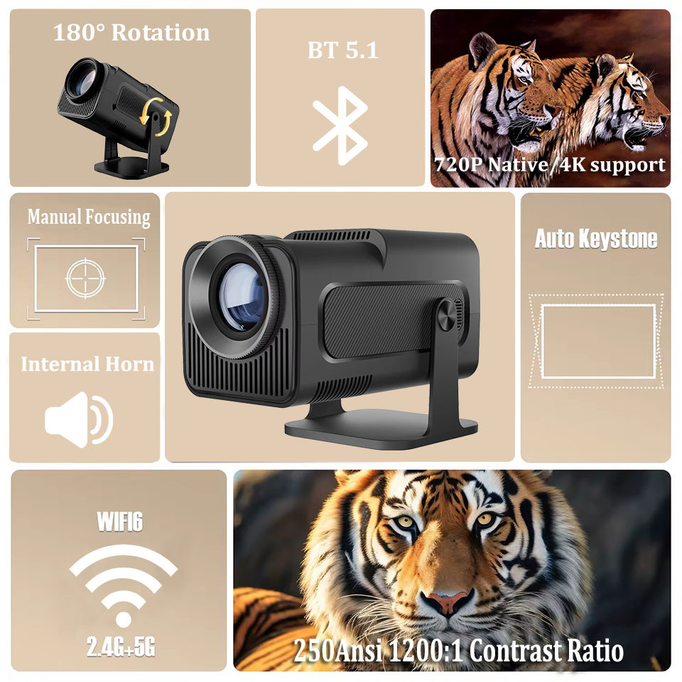 KaiAqua LED Android 11 300ANSI HY320 Mini Projector H713 4K Native 1280*720P Dual Wifi6 BT5.0 Cinema