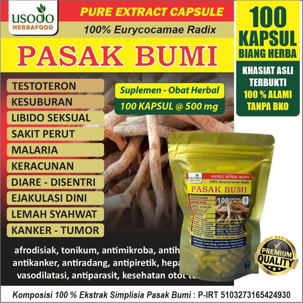 Herbal Kapsul 50 & 100 -  AKAR PASAK BUMI Original @500 mg USODO HERB - Nutrisi Alami Kaya khasiat -