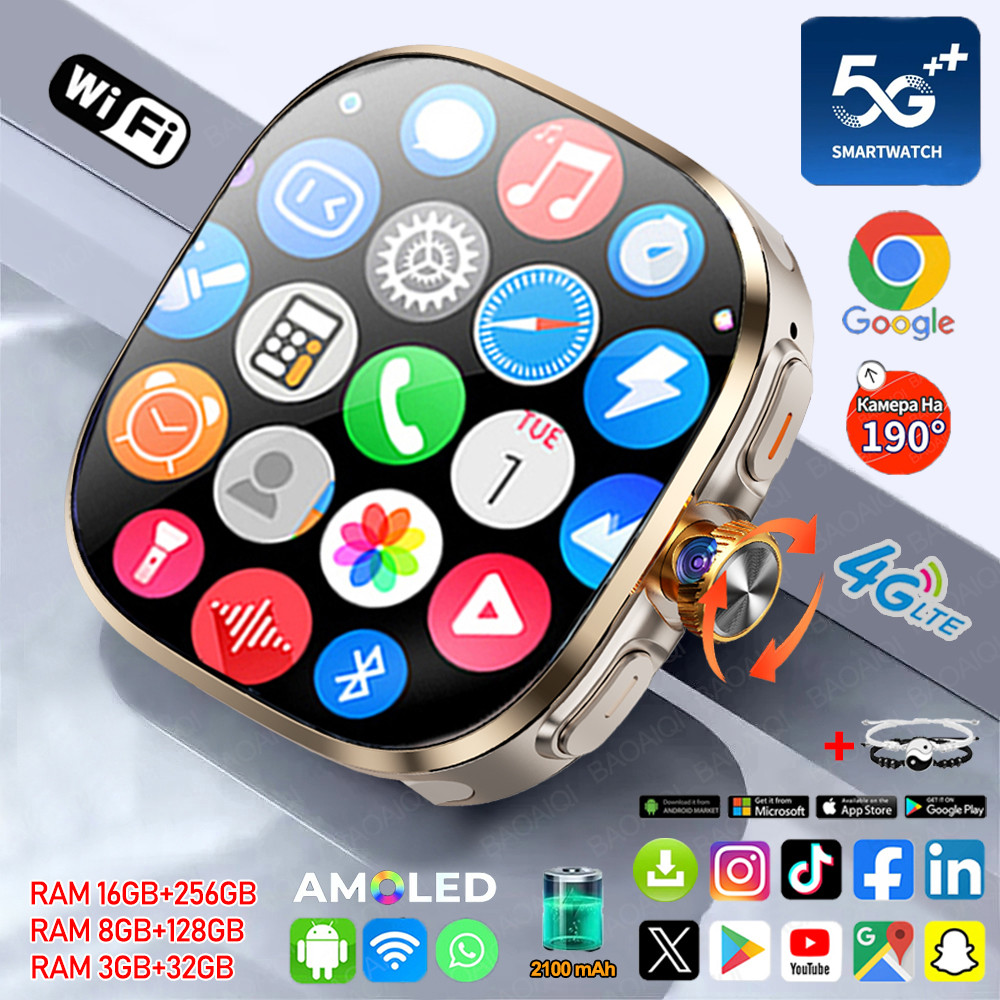 5G/4G Android 10 Smart Watch HD AMOLED 2.4 inch 16GB+256GB RAM 2100mah Battery 900W Camera GPS WIFI