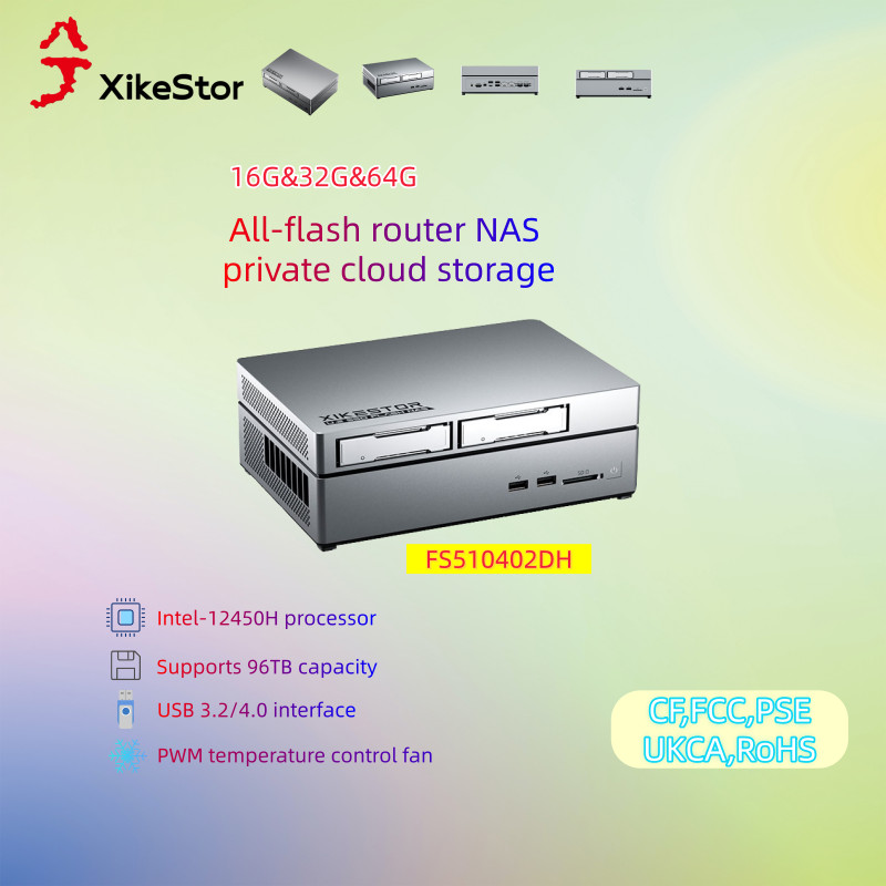 XikeStor all-flash router/NAS private cloud storage,128GB system drive,4*M.2 + 2* U.2 drive bays