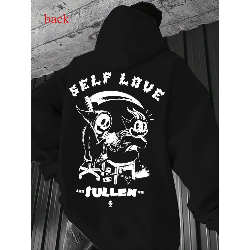 Men's Black Casual Hoodie with "SELF LOVE SULLEN" Skeleton Guitar Graphic Print,  Winter Warmth, Mac