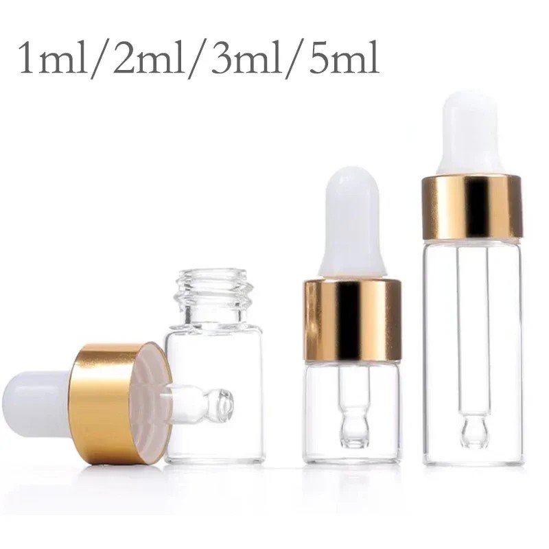 100PCS Dropper Bottle Gold Refillable Dropper Bottle oil Glass Aromatherapy Liquid 1-5ml Drop for