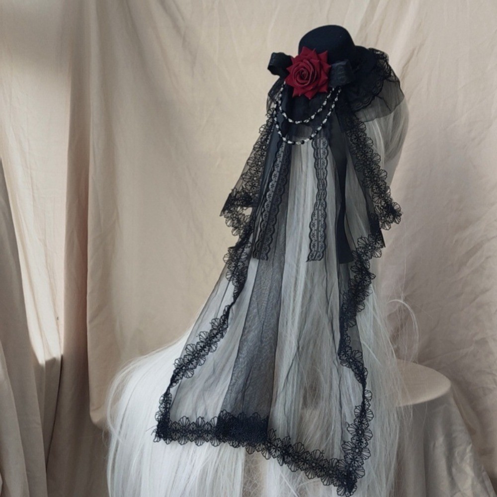 Flowers Bow Decor Gothic Veil Rose Top Hat Cosplay Costume Gothic Dark Mini Top Hat Gift Black or