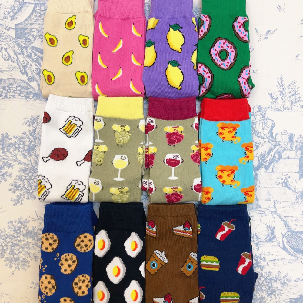 Funny Crew Short Straight Food Socks Avocado Banana Lemon Biscuit Doughnut Beer Wine Cheese Pizza