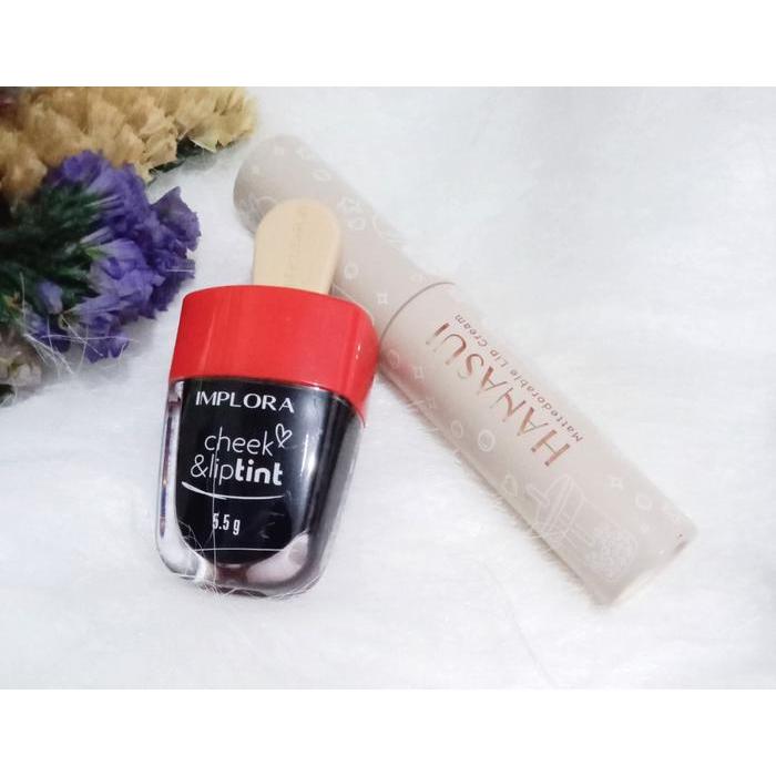 GB-SET OMBRE LIPCREAM HANASUI EDISI BOBA SALTED CARAMEL + LIPTINT IMPLORA 01 VAMPIREBLOOD