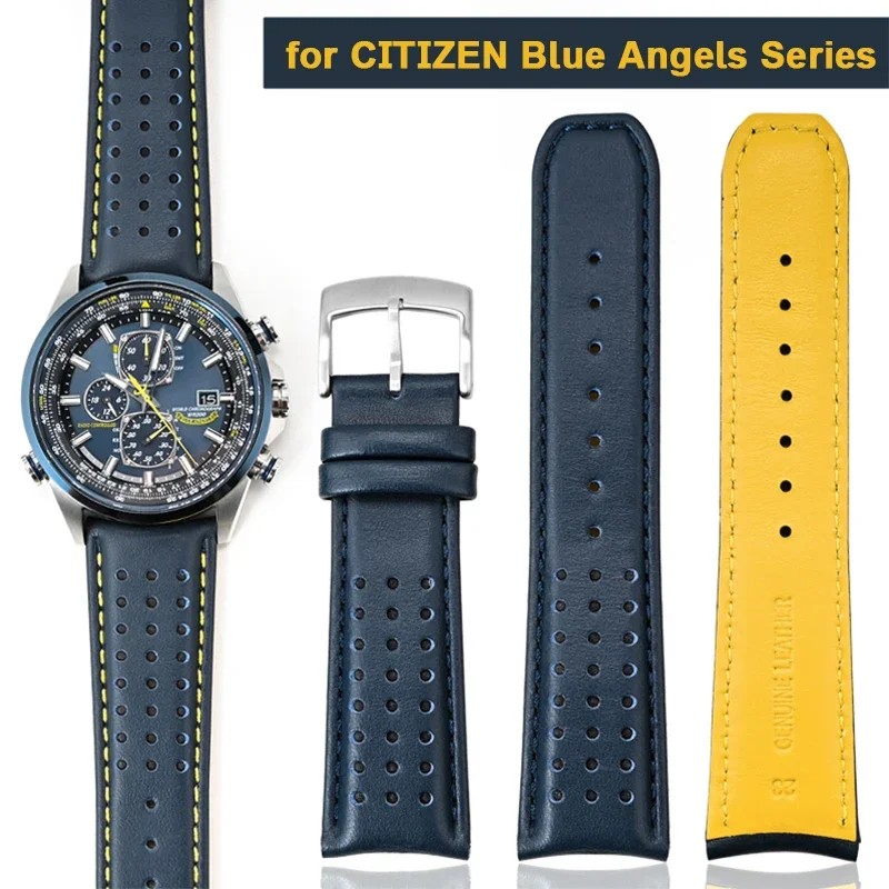 22mm 23mm Genuine-Leather Strap for Citizen Blue Angels Series Arc Curved End Cowhide Watch Band for