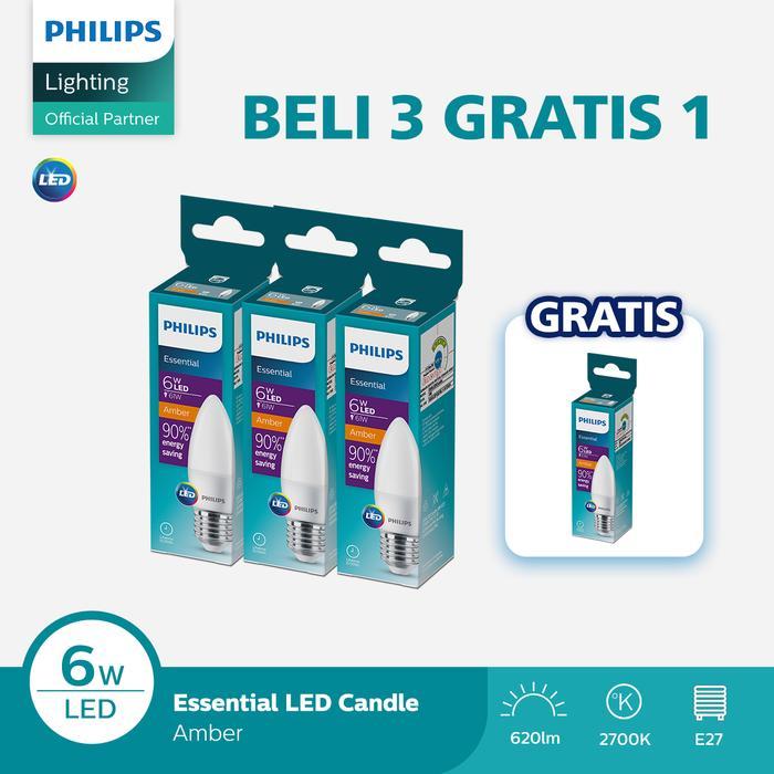 Paket Lampu Philips Beli 3 Dapat 4 Lampu Philips Bohlam ESS LED Candle 6W E27 2700K Kuning .