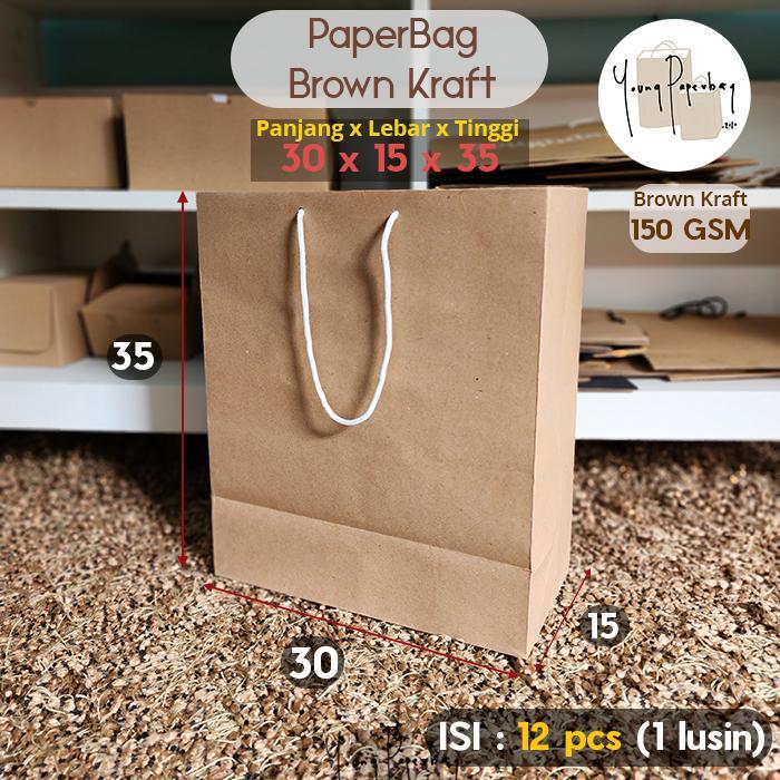 Paper Bag/Tas Kertas Paperbag Polos Kraft Coklat 30 x 15 x 35 -150 GSM